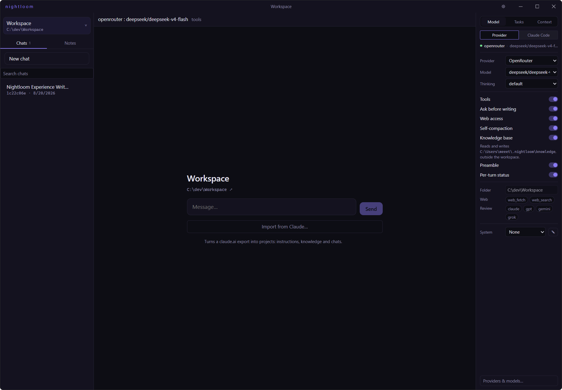 The Nightloom desktop app: chat list and notes on the left, a conversation in the middle, and the model panel on the right with provider, thinking mode, and tool toggles.